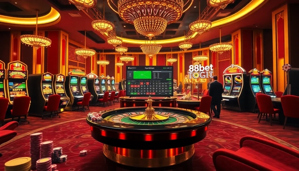 A dynamic scene of a luxurious casino with a roulette table, showcasing the excitement of 188bet's online gambling experience.