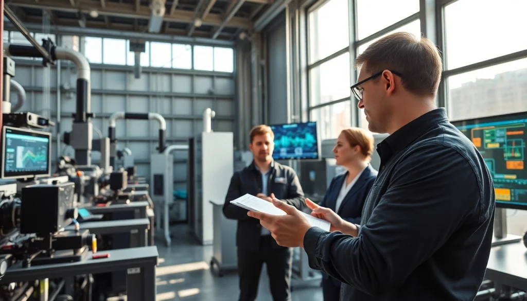 HM88 engineering workspace showcasing advanced machinery and professionals collaborating.