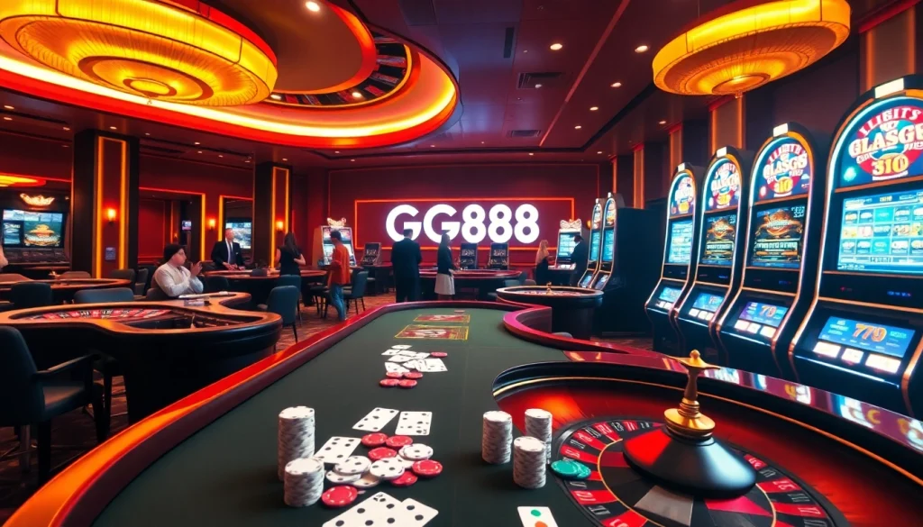 Exciting GG88 casino scene with players enjoying poker and slot machines in a luxurious setting.