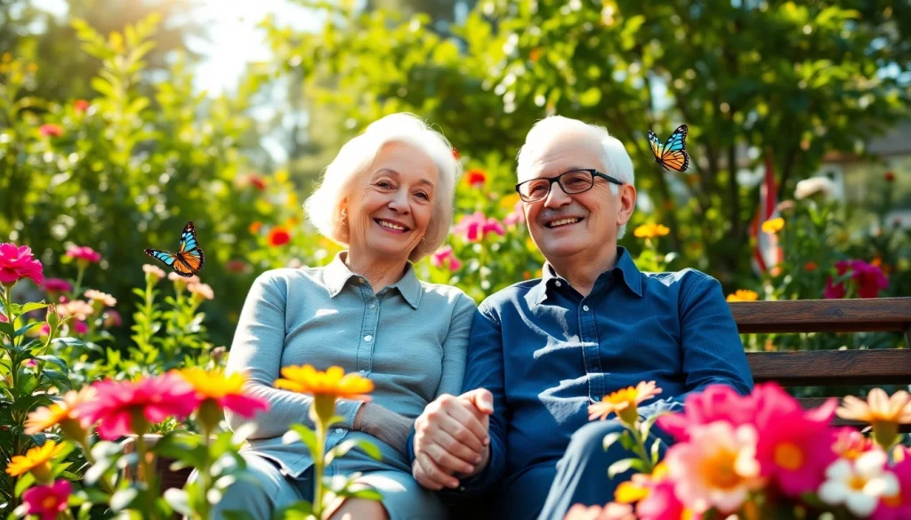Engaging elderly couple sharing joyful moments in the garden, highlighting retirement life on https://frontidas.com.