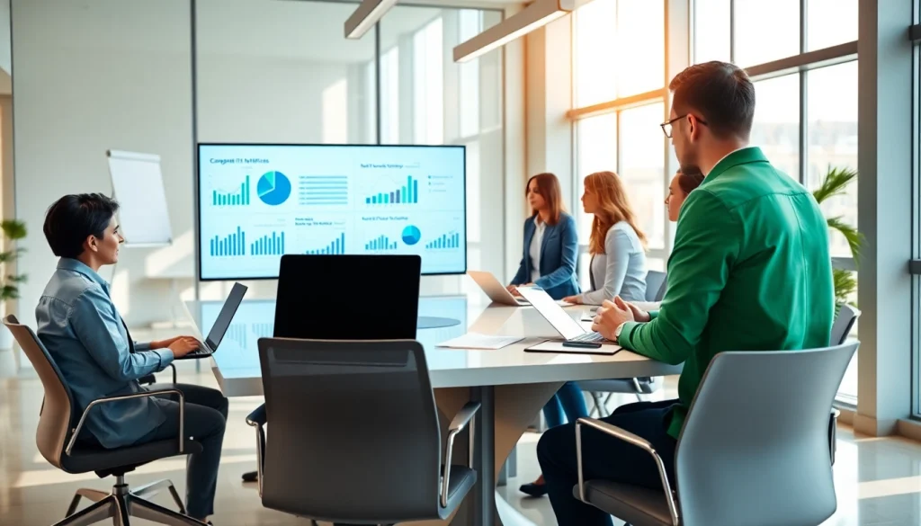 Analyze competitive intelligence metrics collaboratively in a modern office setting.