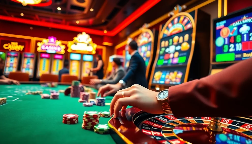 Engaged gamblers enjoy a vibrant gaming experience at rr88.com with poker chips, roulette, and slot machines.