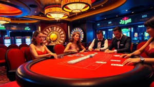 Players enjoying high-stakes blackjack at BJ 888 casino table, highlighting excitement and luxury in gambling.