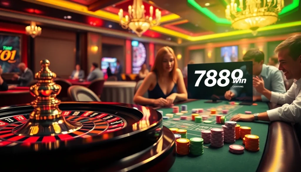 Players enjoying the vibrant atmosphere at 789 win, featuring a roulette table and poker chips.