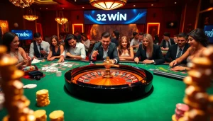 Experience the thrill of gaming at 32 WIN casino with poker chips and roulette wheels.