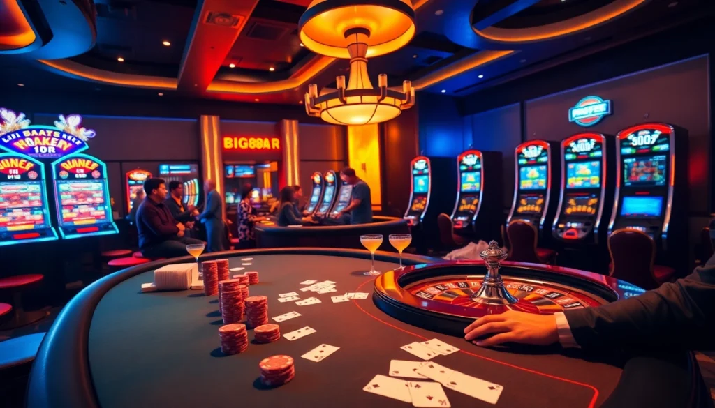 Players enjoying high-stakes games at BIG88.BAR's luxurious casino, featuring poker tables and slot machines.