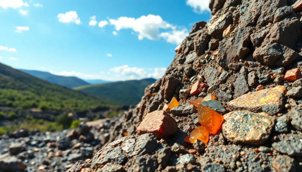 Mining tools and natural Ore deposit with vibrant minerals in a rugged landscape.