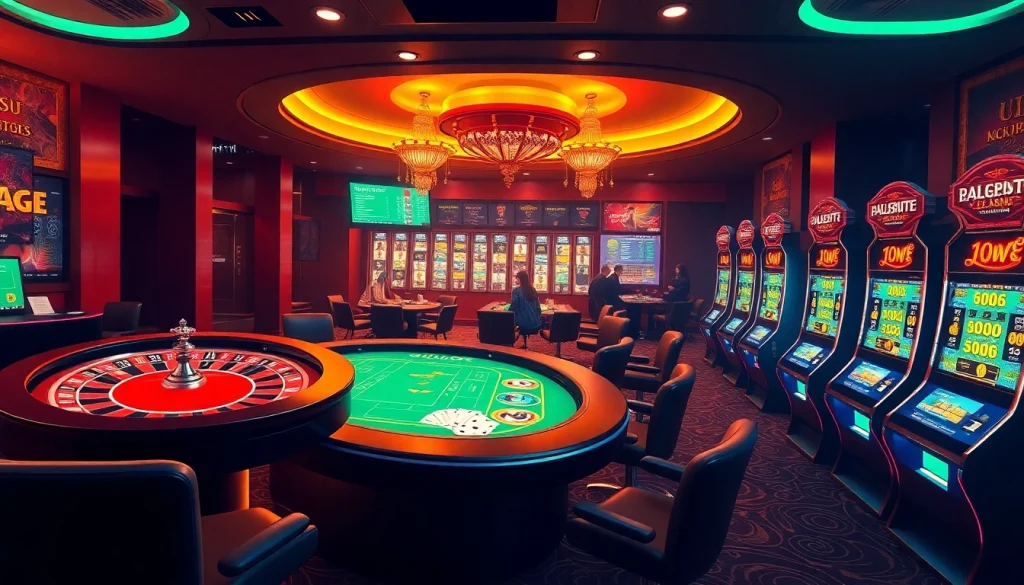 A vibrant online gambling interface showcasing excitement and luxury at https://usbet.run/ with roulette wheels, poker tables, and slot machines.