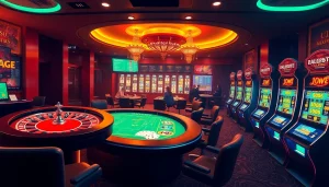 A vibrant online gambling interface showcasing excitement and luxury at https://usbet.run/ with roulette wheels, poker tables, and slot machines.