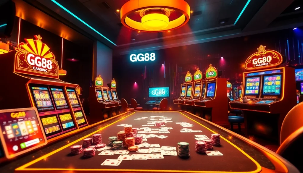 GG88 immersive online gambling experience with vibrant slot machines and colorful poker chips.