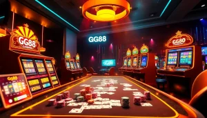 GG88 immersive online gambling experience with vibrant slot machines and colorful poker chips.