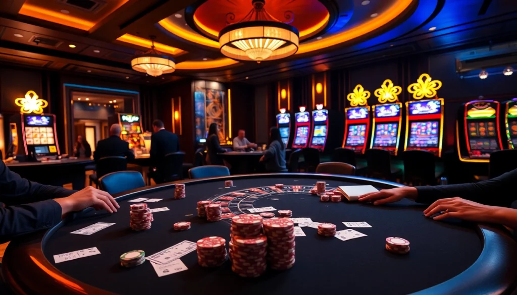 Players enjoying a thrilling poker game at new88 casino with vibrant tables and chips.