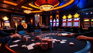 Players enjoying a thrilling poker game at new88 casino with vibrant tables and chips.