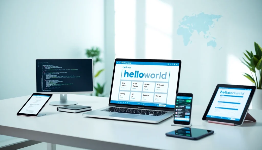 HelloWorld官网 software interface displayed in a modern workspace for efficient global communication.