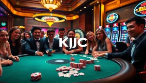 KJC embodies luxury and excitement with vibrant casino tables featuring poker chips and slot machines.