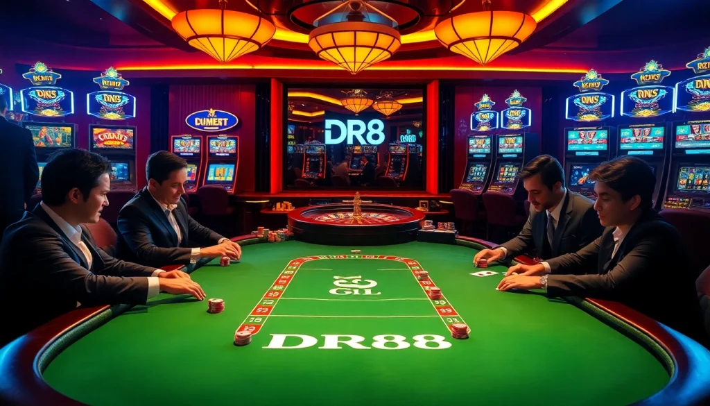 Experience thrilling poker action at DR88's luxurious casino, featuring vibrant chips and intense gameplay.