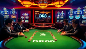 Experience thrilling poker action at DR88's luxurious casino, featuring vibrant chips and intense gameplay.