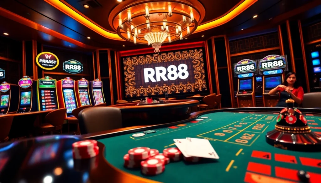 Engage with RR88's thrilling poker action featuring vibrant chips, cards, and a live dealer.