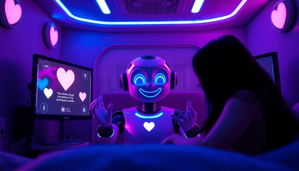 A cozy digital chat room featuring engaging AI sex chat interactions, blending soft lighting and futuristic design.