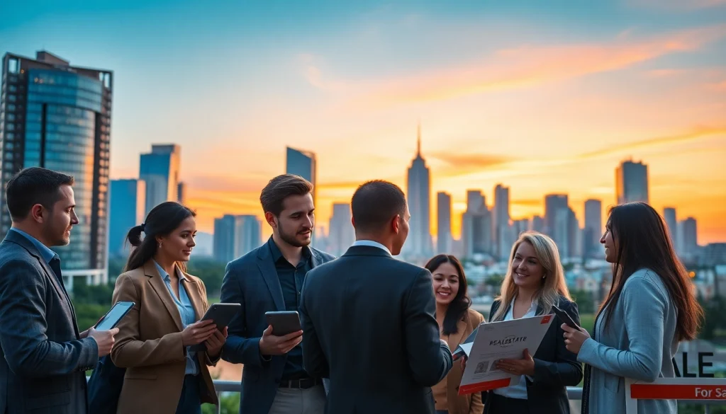 Engaging discussion on real estate with diverse individuals in a vibrant urban setting.