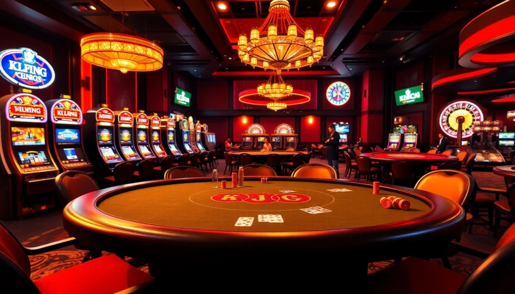 KJC casino scene showcasing vibrant tables and engaged players in an elegant environment.