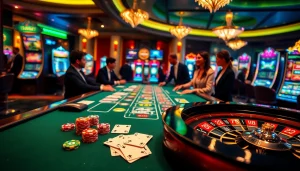 Experience the excitement of thabet gambling with a luxurious casino scene featuring poker tables and roulette wheels.