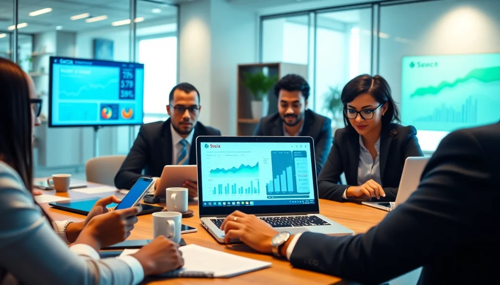 Business professionals utilizing Scotia Connect's IT services in a modern office setting, showcasing digital banking.