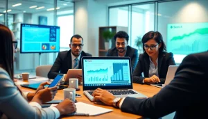 Business professionals utilizing Scotia Connect's IT services in a modern office setting, showcasing digital banking.