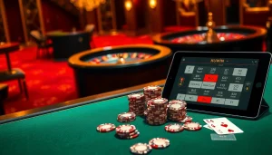 Kuwin gaming table displaying vibrant poker chips and cards in a luxury casino ambiance.
