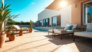 Terrasse extérieure élégante avec du carrelage extérieur, mettant en valeur un design moderne et le confort.