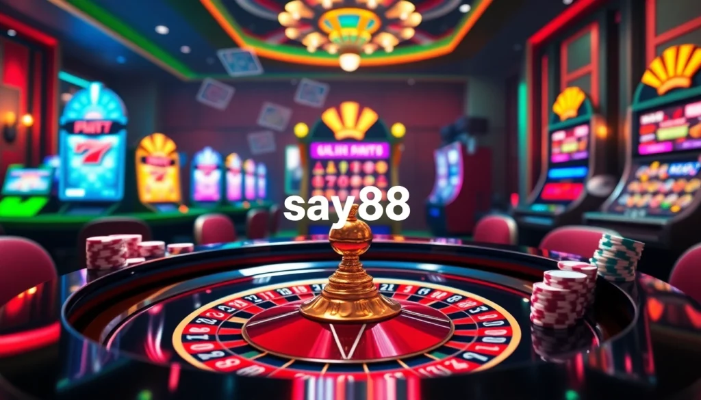 Experience the thrill of gambling at say88 with a luxurious roulette table and vibrant poker chips.