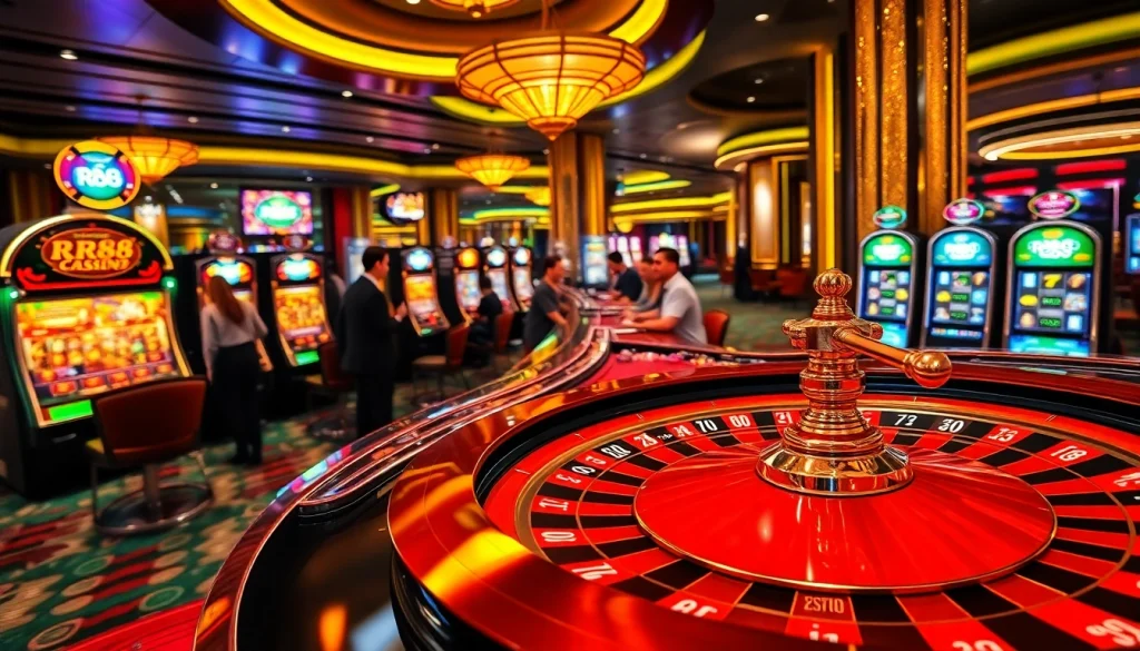 Players enjoy their time at RR88's thrilling casino with roulette and slot machines.