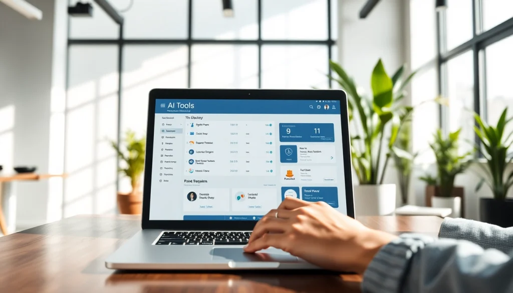 Engage with the Ai Tool Directory through a sleek laptop in a vibrant modern office.