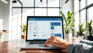 Engage with the Ai Tool Directory through a sleek laptop in a vibrant modern office.