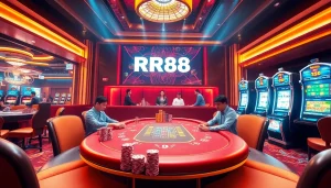 Exciting poker game scene highlighting RR88 with colorful chips and a roulette wheel.