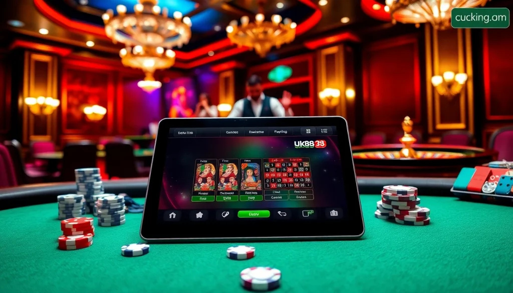 Experience the excitement of responsible gambling with uk88 uy tín không, featuring vibrant casino elements.