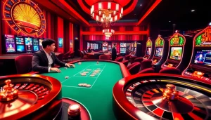 Experience the thrill of ib88 at a luxurious poker table with vibrant casino elements.