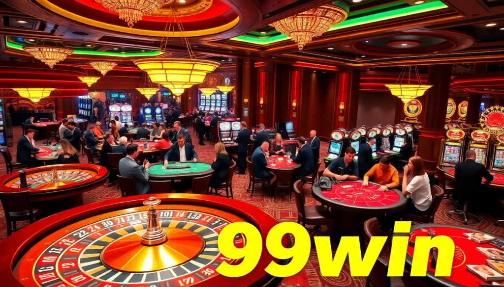 Gamblers enjoying exciting games at the vibrant 99win casino floor with tables and slot machines.