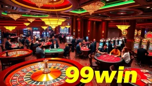 Gamblers enjoying exciting games at the vibrant 99win casino floor with tables and slot machines.