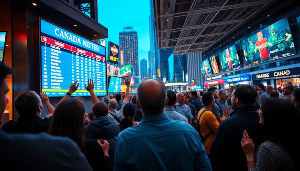 Engaging sports betting in Canada scene featuring diverse fans and live odds display.