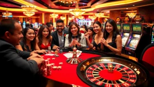 Experience thrilling online gambling at https://9win1.online/ with vibrant casino games, poker chips, and excited players.