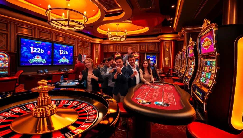 Players enjoying thrilling games at 123b casino with vibrant roulette and slot machines.