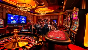 Players enjoying thrilling games at 123b casino with vibrant roulette and slot machines.