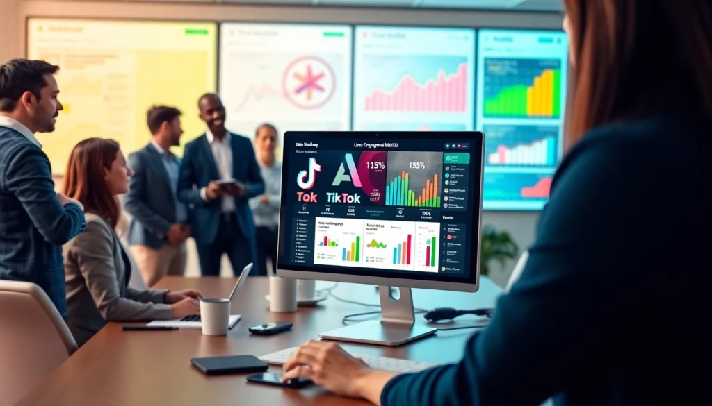 Boosting engagement with a tiktok smm panel in a dynamic marketing scenario, showcasing analytics and collaboration.