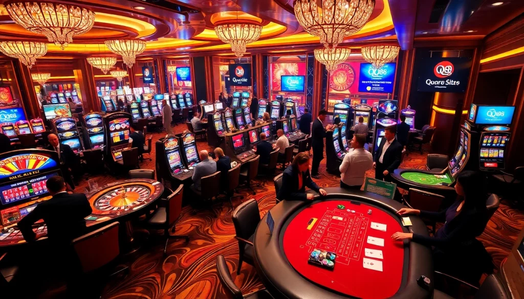 Exciting casino scene highlighting players at QQ88, engaging in roulette, poker, and vibrant slot machines.