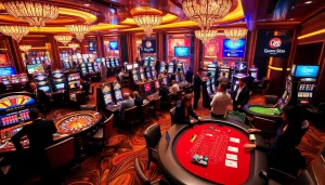 Exciting casino scene highlighting players at QQ88, engaging in roulette, poker, and vibrant slot machines.