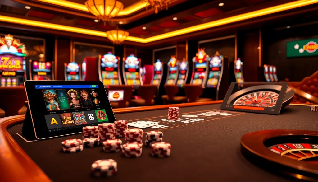 Experience exciting betting scenarios at https://1j88com/ with a luxurious poker table and vibrant slot machines.