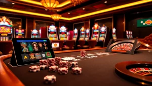 Experience exciting betting scenarios at https://1j88com/ with a luxurious poker table and vibrant slot machines.