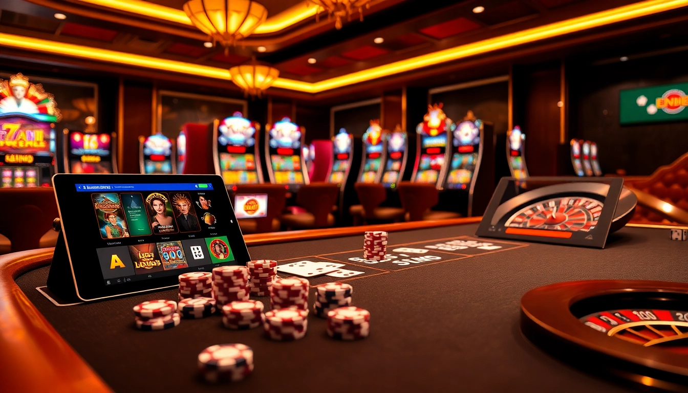 Experience exciting betting scenarios at https://1j88com/ with a luxurious poker table and vibrant slot machines.