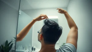 現代的なバスルームでヒックスミノキシジルを塗布している様子。髪の再生への希望を反映。